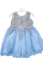 Baby Blue Baby Embroidered Tulle Dress with metallic floral lace and layered skirt, style 9004m - Chacho's Kids