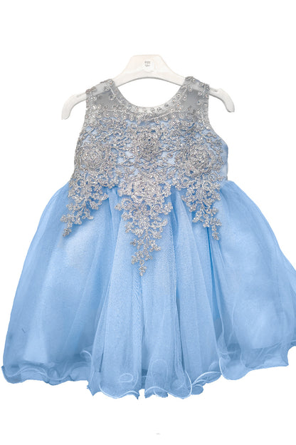 Baby Blue Baby Embroidered Tulle Dress with metallic floral lace and layered skirt, style 9004m - Chacho's Kids