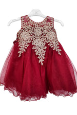 Burgundy Baby Embroidered Tulle Dress with metallic floral lace and layered skirt, style 9004m - Chacho's Kids