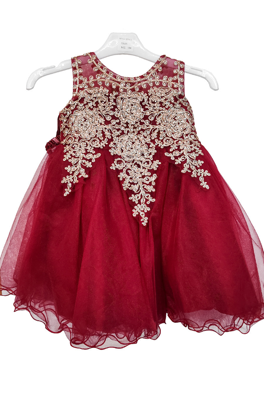 Burgundy Baby Embroidered Tulle Dress with metallic floral lace and layered skirt, style 9004m - Chacho's Kids