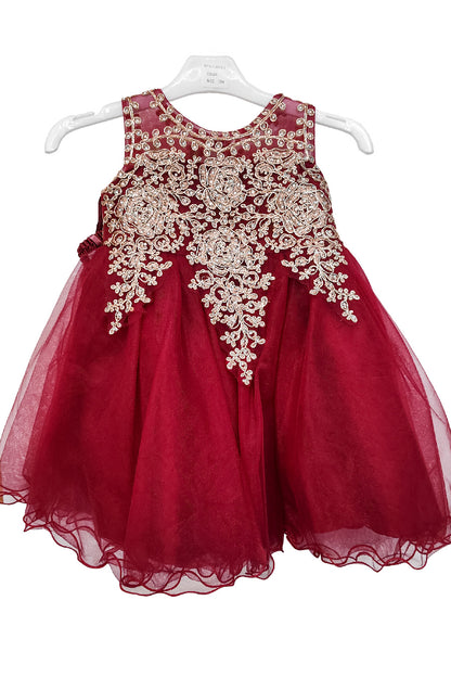Burgundy Baby Embroidered Tulle Dress with metallic floral lace and layered skirt, style 9004m - Chacho's Kids