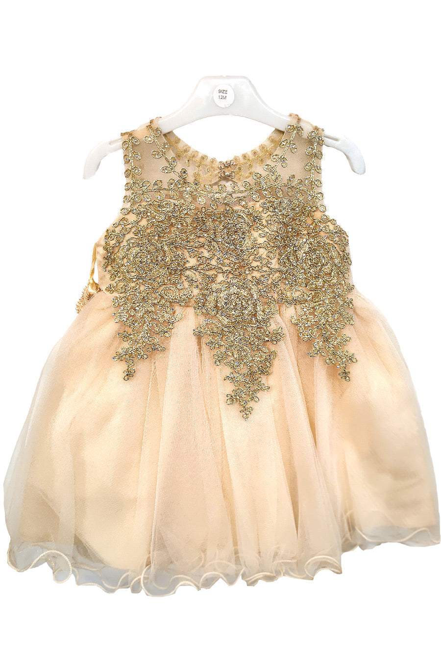 Champagne Baby Embroidered Tulle Dress with metallic floral lace and layered skirt, style 9004m - Chacho's Kids