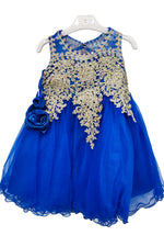 Royal Blue Baby Embroidered Tulle Dress with metallic floral lace and layered skirt, style 9004m - Chacho's Kids