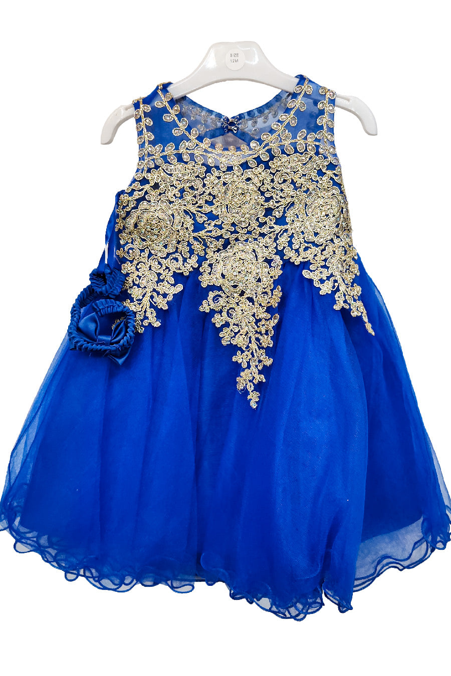 Royal Blue Baby Embroidered Tulle Dress with metallic floral lace and layered skirt, style 9004m - Chacho's Kids