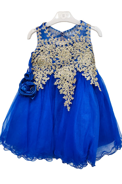 Royal Blue Baby Embroidered Tulle Dress with metallic floral lace and layered skirt, style 9004m - Chacho's Kids