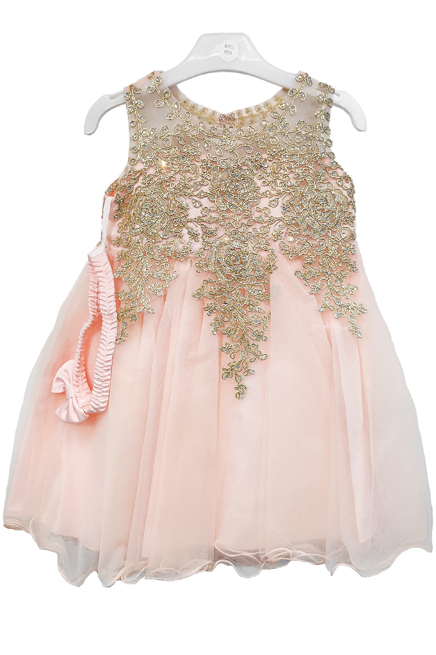 Blush Baby Embroidered Tulle Dress with metallic floral lace and layered skirt, style 9004m - Chacho's Kids
