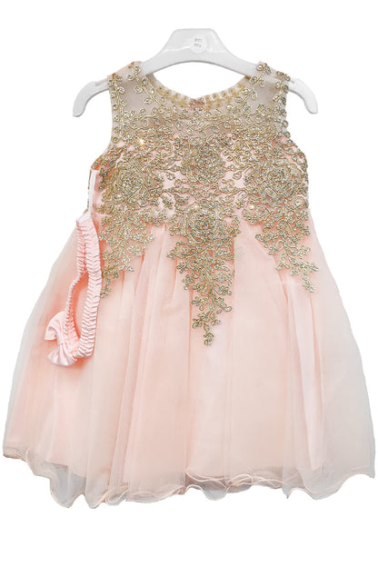 Blush Baby Embroidered Tulle Dress with metallic floral lace and layered skirt, style 9004m - Chacho's Kids