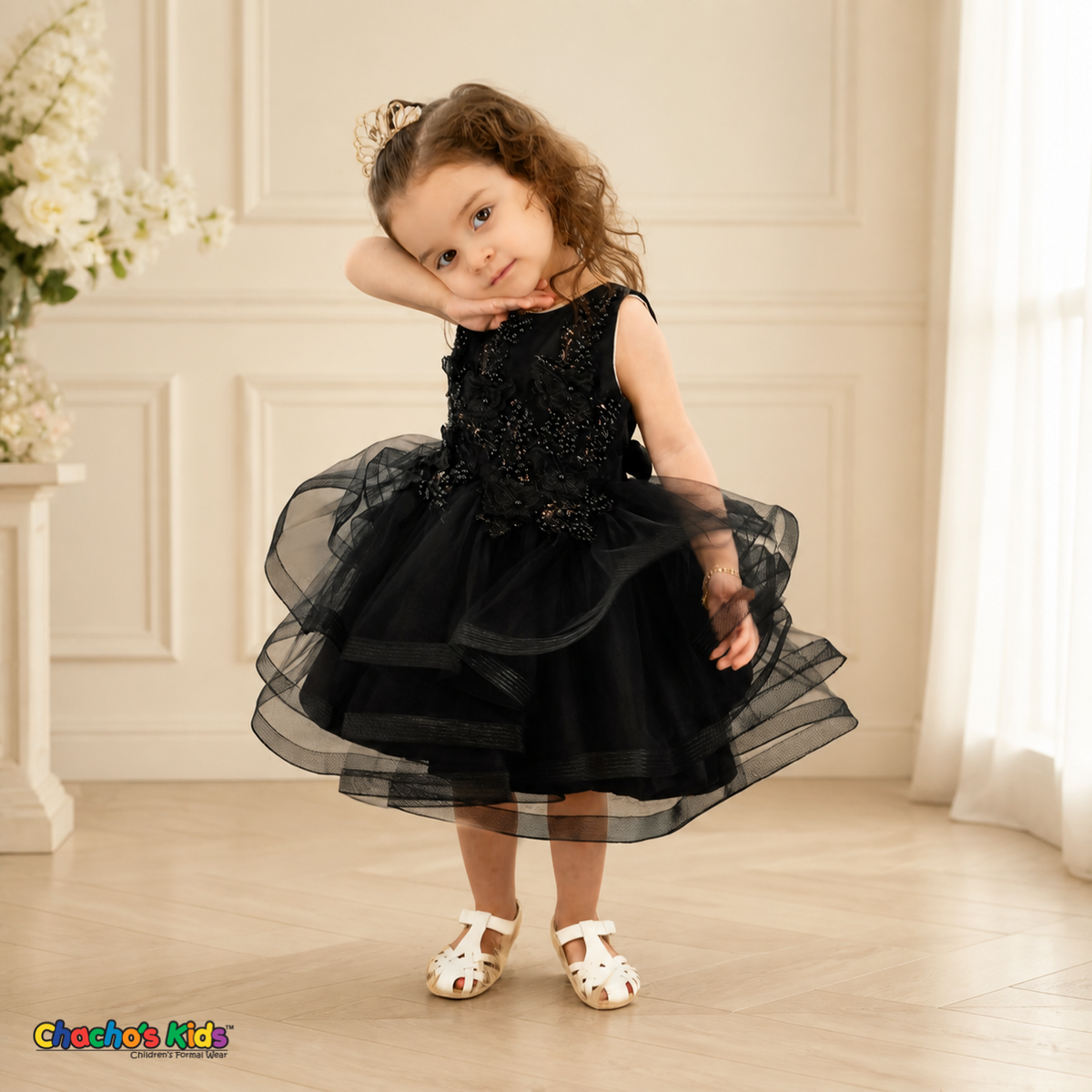 Black 9149B baby flower girl dress with butterfly appliqués and layered tulle, front model pose