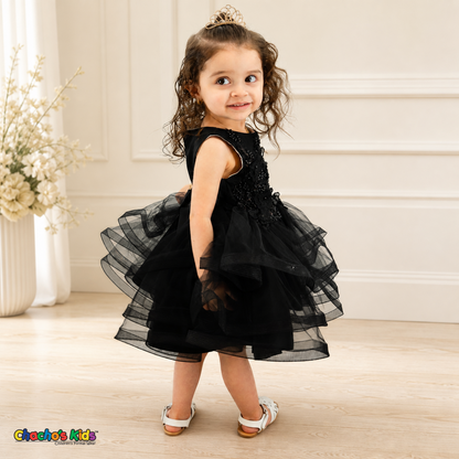 Black 9149B baby party dress with butterfly embroidery and wired-edge tulle, three-quarter model view