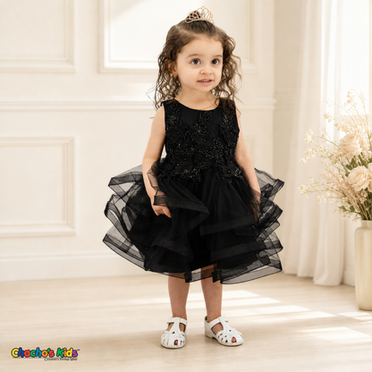 Black 9149B baby flower girl dress with beaded butterfly bodice and layered tulle, full-length model view