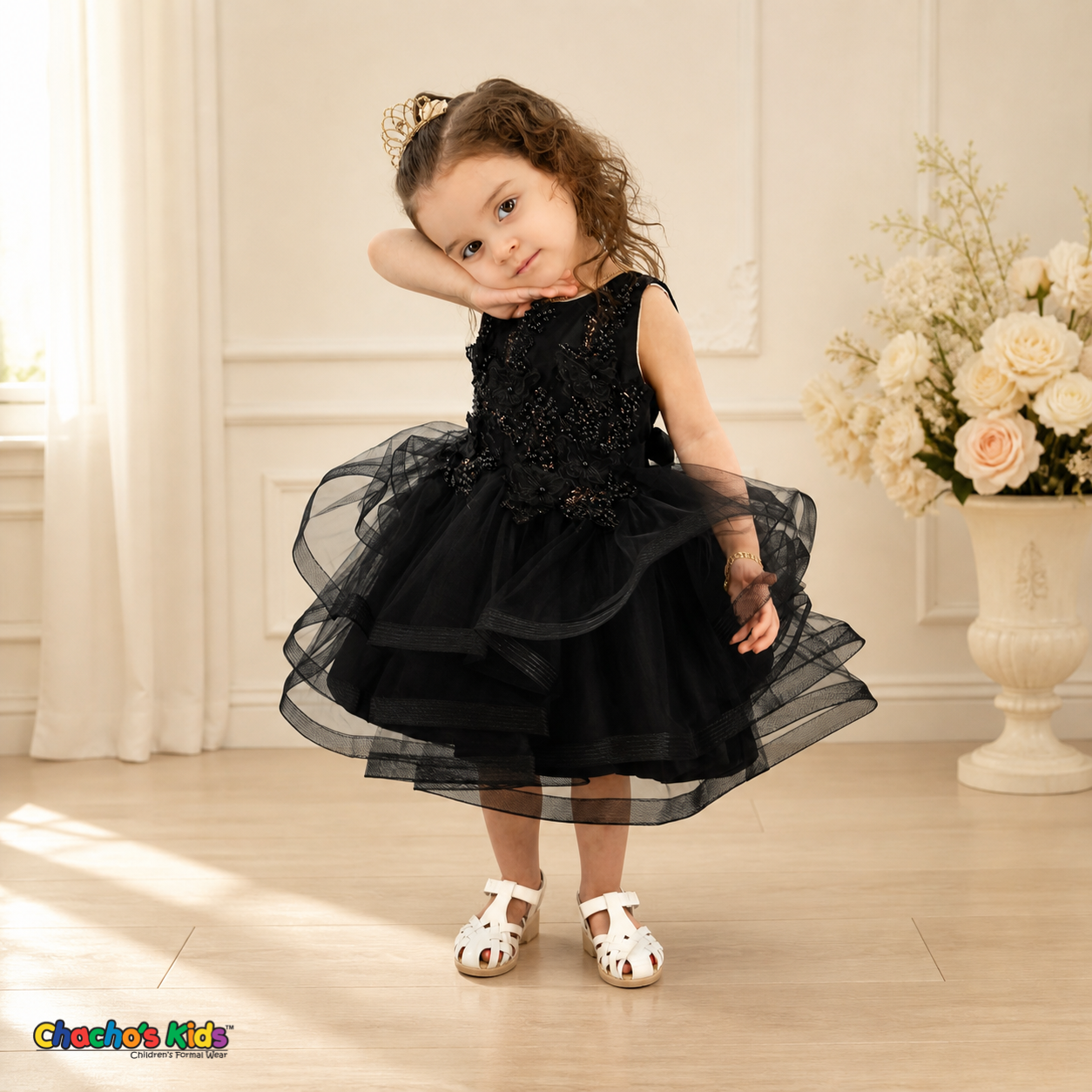 Black 9149B baby party dress with butterfly lace and full wired-edge tulle skirt, model pose