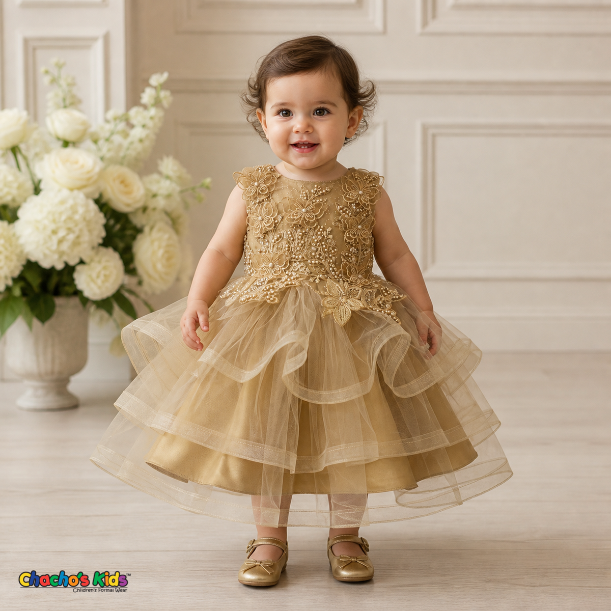 Gold 9149B baby flower girl dress with butterfly appliqués, pearls and layered wired-edge tulle, front model view