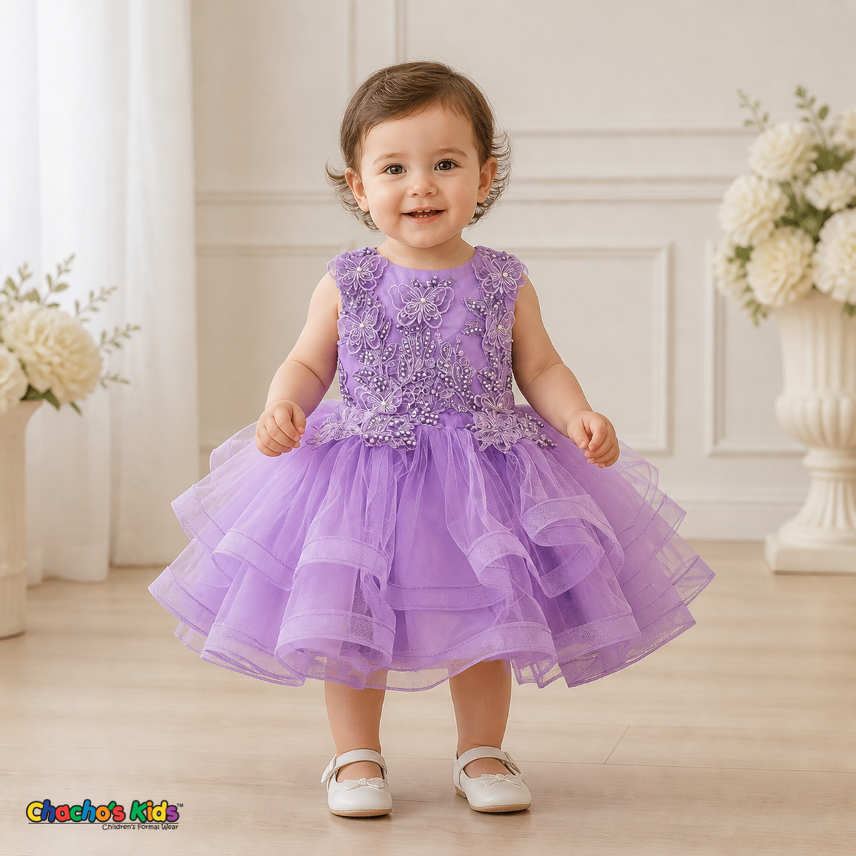 Lilac 9149B baby flower girl dress with butterfly embroidery, pearls and layered tulle, front model view