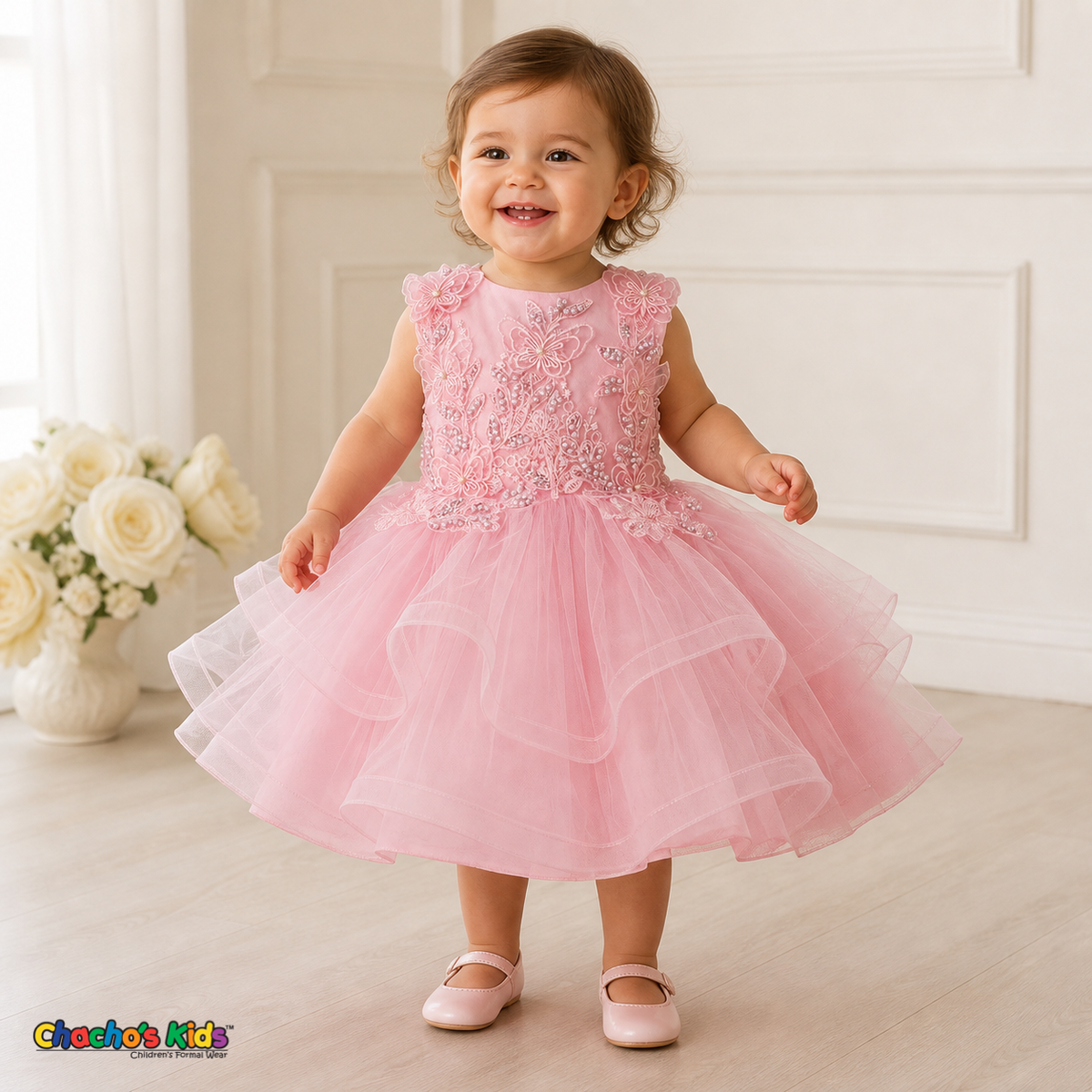 Pink 9149B baby flower girl dress with butterfly embroidery, pearls and layered tulle, front model view