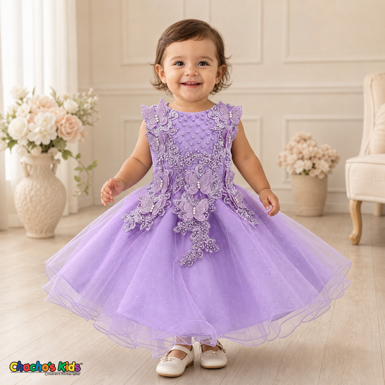Lilac baby flower girl dress 9156B with butterfly embroidery, pearl details, and layered glitter tulle skirt on a realistic toddler model
