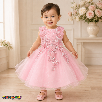 Pink baby flower girl dress 9156B with butterfly embroidery, pearl details, layered glitter tulle skirt, and no head accessory on a realistic toddler model