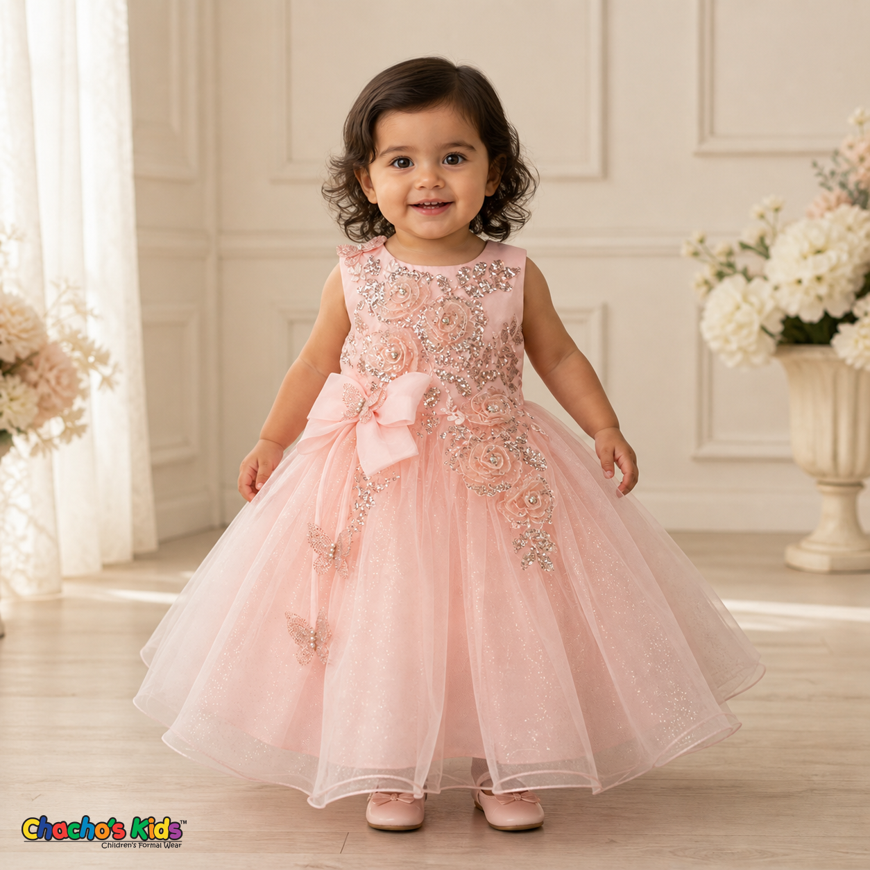 Blush baby flower girl dress 9166B with silver sequin floral embroidery, butterfly details, side bow, and layered glitter tulle skirt on a toddler model