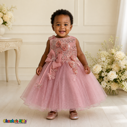 Dusty rose baby flower girl dress 9166B with rose-gold sequin floral embroidery, butterfly details, side bow, and layered glitter tulle skirt on a toddler model