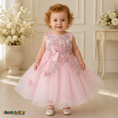 Pink baby flower girl dress 9166B with silver sequin floral embroidery, butterfly details, side bow, and layered glitter tulle skirt on a toddler model