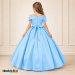 Baby Blue ball gown dress, style 9177, back view on a child model with a back zipper, tied waist sash and full floor-length skirt.