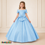 Baby Blue ball gown dress, style 9177, alternate front pose on a child model with a folded neckline, jeweled waist bow and full floor-length skirt.
