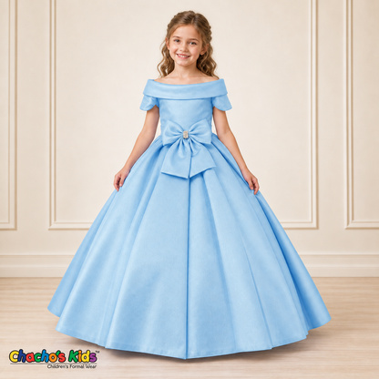 Baby Blue ball gown dress, style 9177, alternate front pose on a child model with a folded neckline, jeweled waist bow and full floor-length skirt.