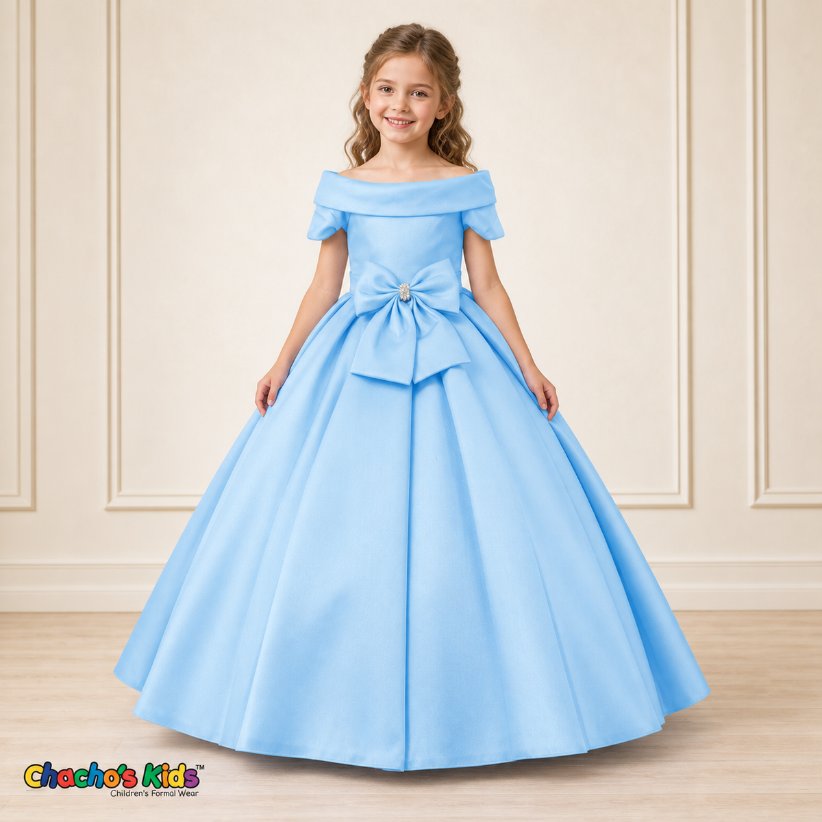 Baby Blue ball gown dress, style 9177, front view on a child model with a folded neckline, jeweled waist bow and full floor-length skirt.