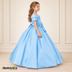 Baby Blue ball gown dress, style 9177, right-facing side view on a child model with a folded neckline, jeweled waist bow and full floor-length skirt.