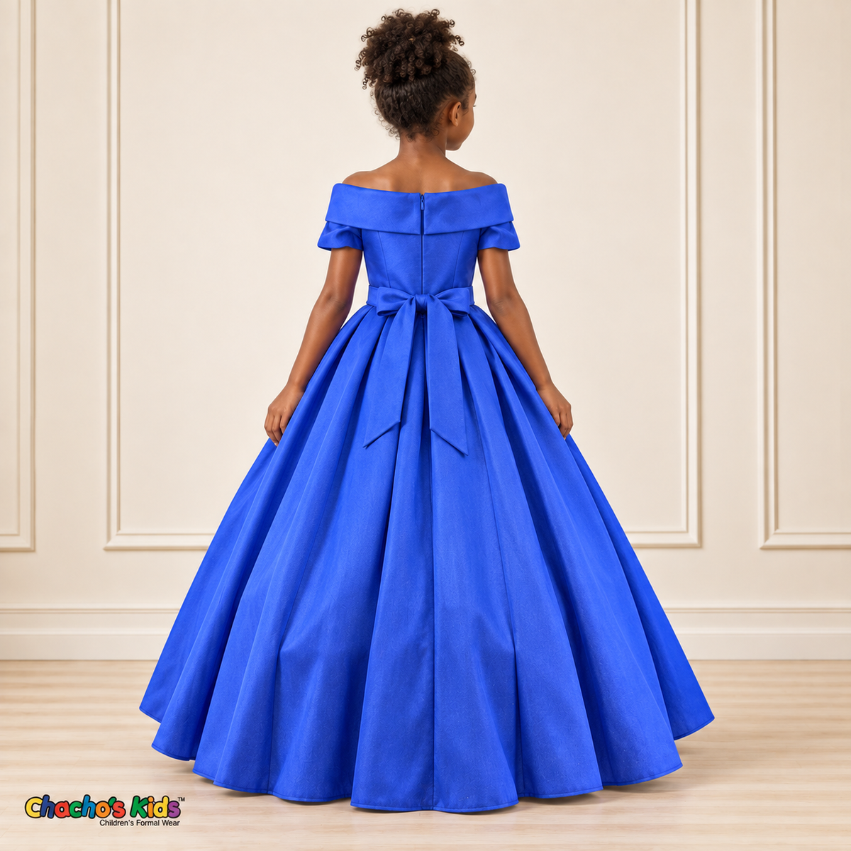 Royal Blue ball gown dress, style 9177, back view on a child model with a back zipper, tied waist sash and full floor-length skirt.
