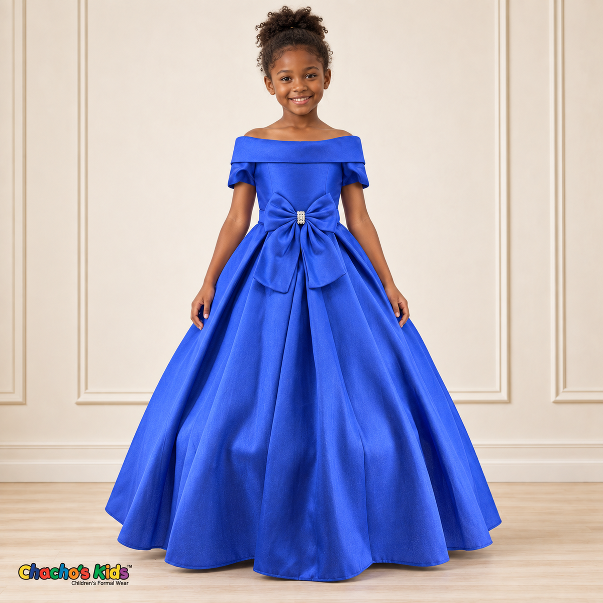 Royal Blue ball gown dress, style 9177, front view on a child model with a folded neckline, jeweled waist bow and full floor-length skirt.