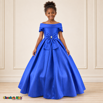 Royal Blue ball gown dress, style 9177, front view on a child model with a folded neckline, jeweled waist bow and full floor-length skirt.