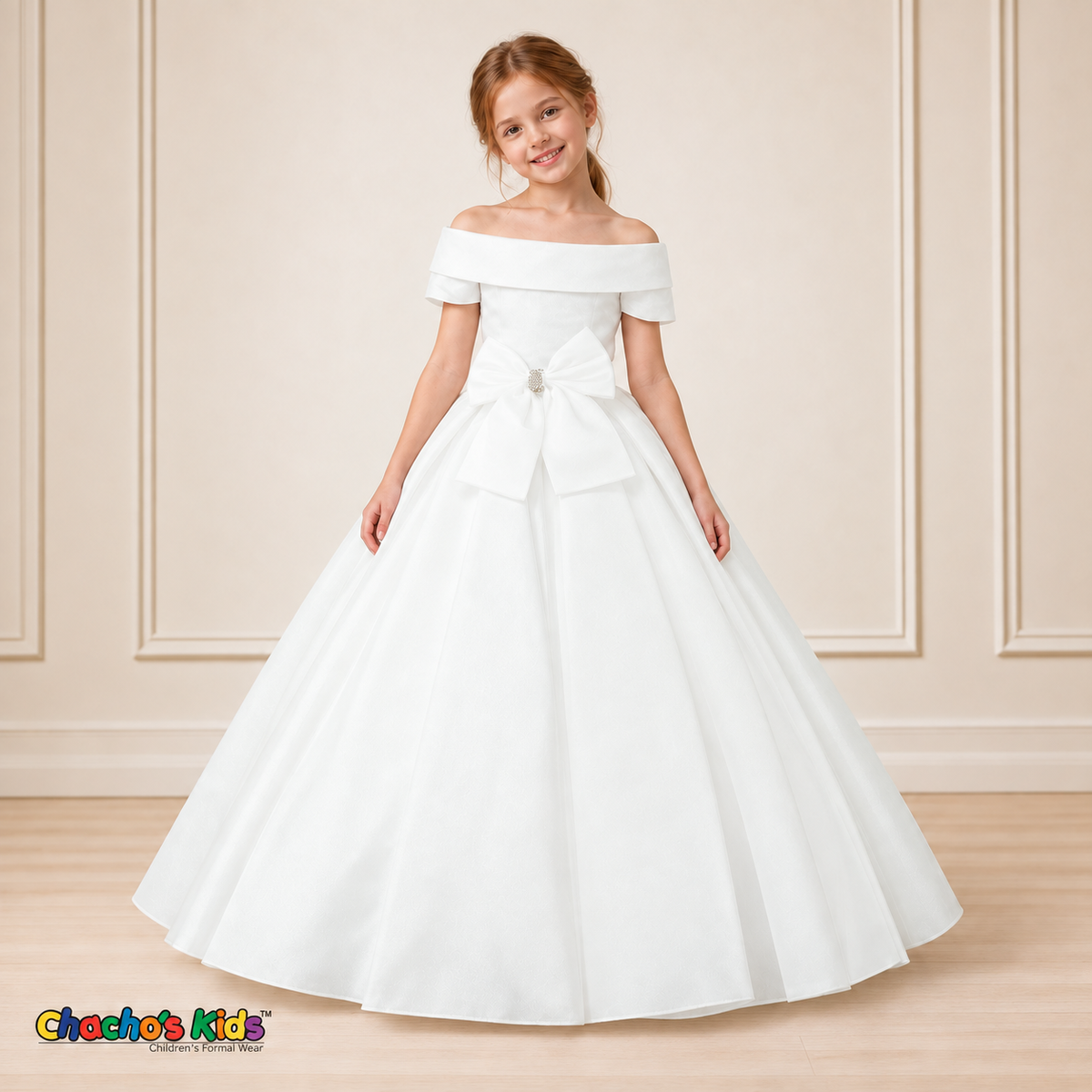 White ball gown dress, style 9177, alternate front pose on a child model with a folded neckline, jeweled waist bow and full floor-length skirt.