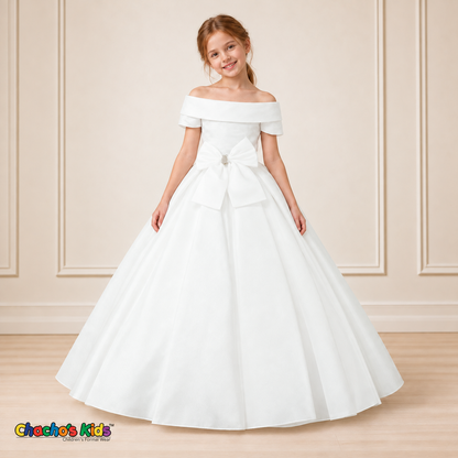 White ball gown dress, style 9177, alternate front pose on a child model with a folded neckline, jeweled waist bow and full floor-length skirt.