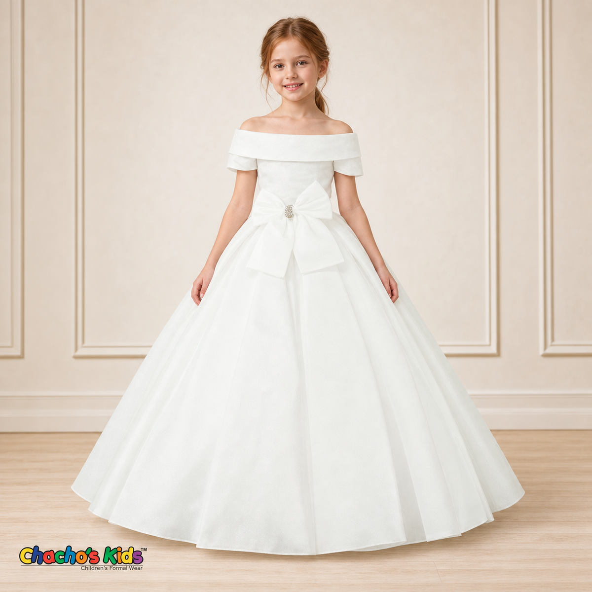 White ball gown dress, style 9177, front view on a child model with a folded neckline, jeweled waist bow and full floor-length skirt.