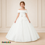 White ball gown dress, style 9177, front view on a child model with a folded neckline, jeweled waist bow and full floor-length skirt.