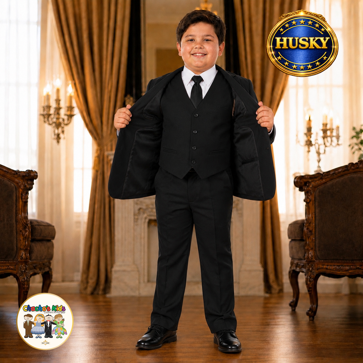 Executive Italian-Cut Boys Husky Suit-Premium (Black)