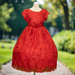 Red embroidered flower girl dress with satin bow, cap sleeves and full tulle skirt