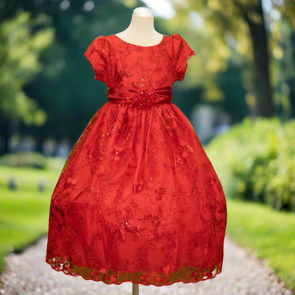 Red embroidered flower girl dress with satin bow, cap sleeves and full tulle skirt