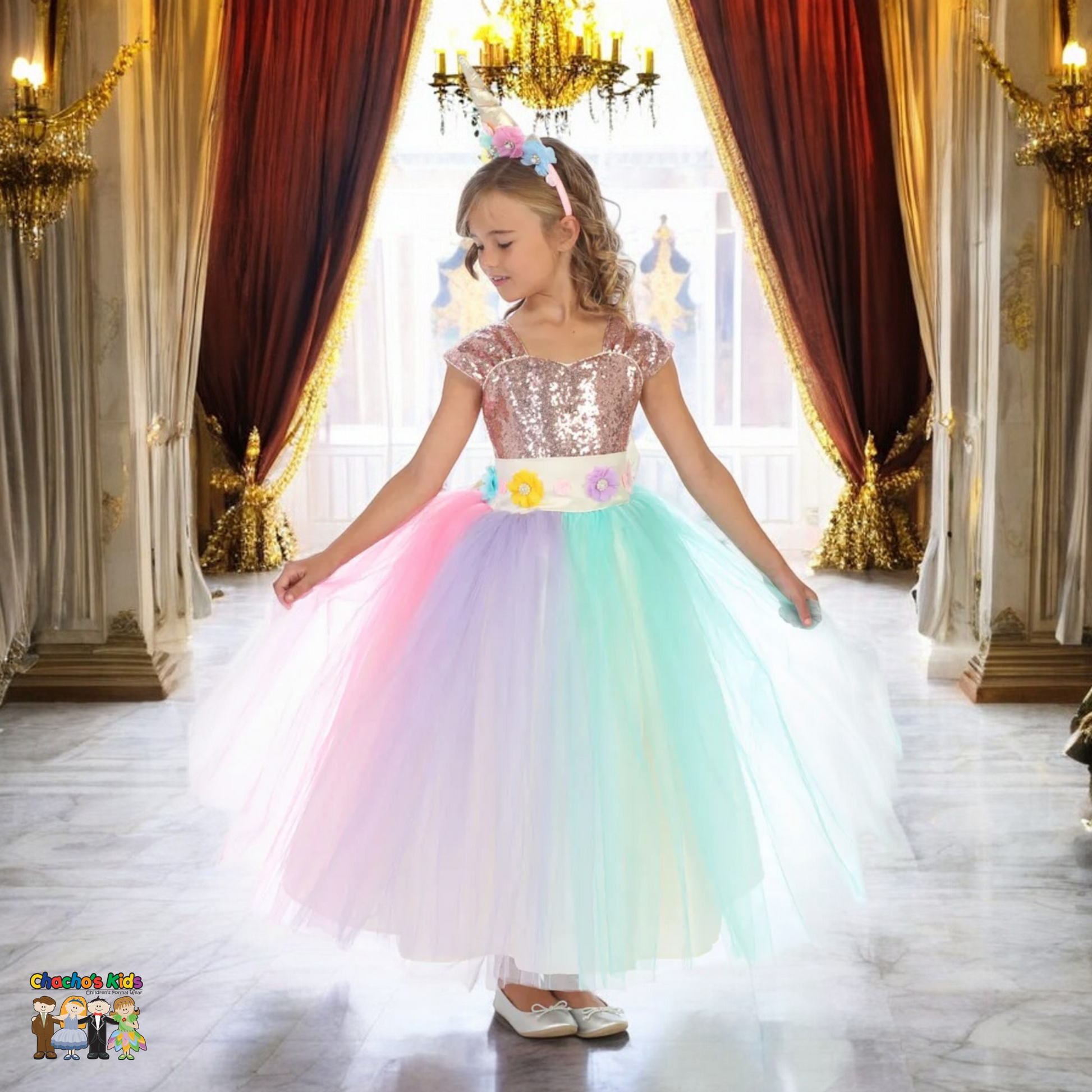 Gala Rainbow Unicorn Princess Dress (034)-Girls-1-Chacho's Kids