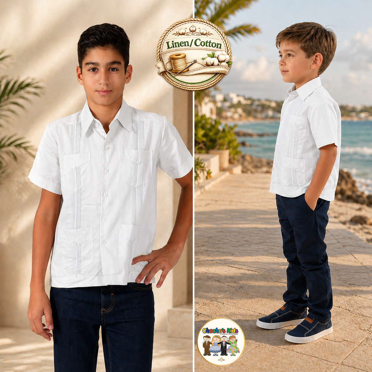 Boys Guayabera White Linen/Cotton (5545)