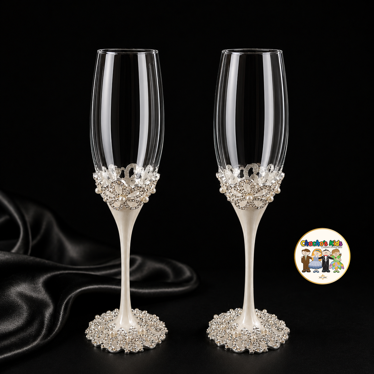 Pearl Blossom Wedding Flutes (Silver)-090