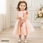 Blush B263 baby satin flower girl dress with jeweled waist bow, full-length model view