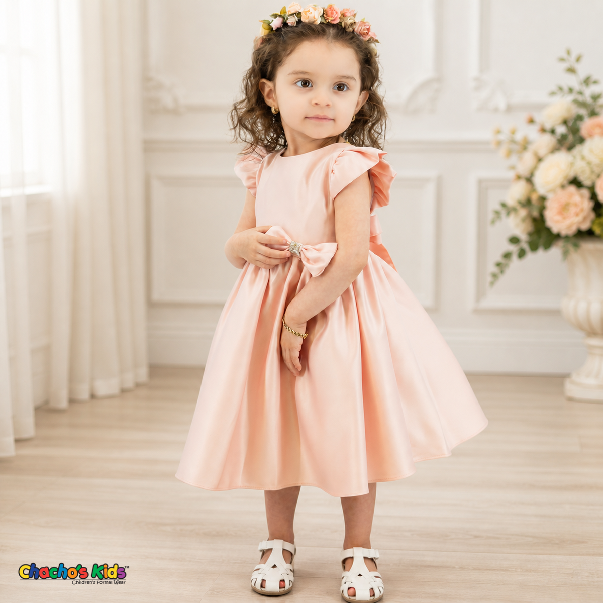 Blush B263 baby satin flower girl dress with jeweled waist bow, full-length model view
