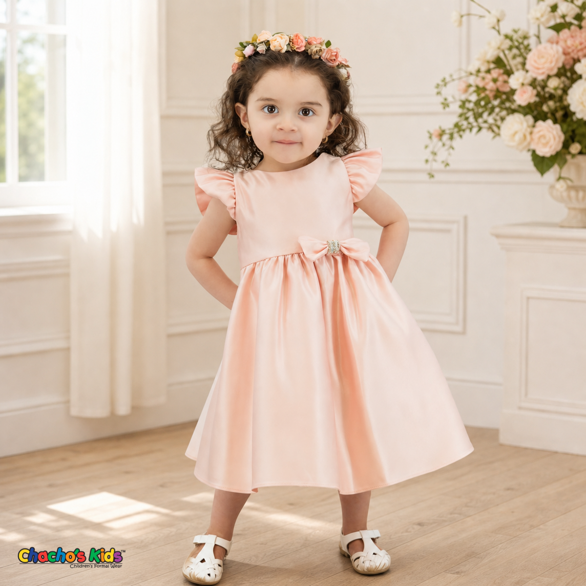 Blush B263 baby satin flower girl dress with flutter sleeves and jeweled bow, front model view