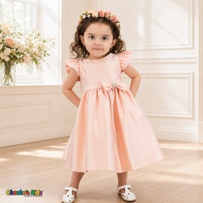 Blush B263 baby satin flower girl dress with flutter sleeves and rhinestone bow, front model view