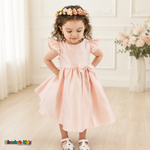 Blush B263 baby satin dress with jeweled waist bow, looking-down model pose