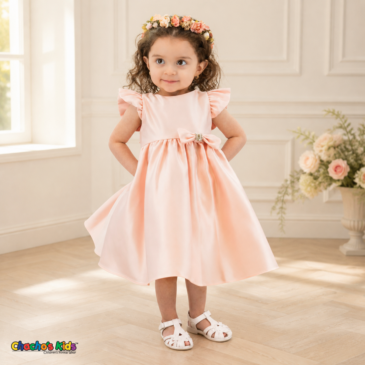 Blush B263 baby satin flower girl dress with flutter sleeves, stepping model pose