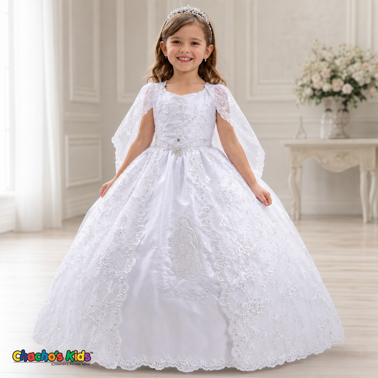 White Virgin Mary embroidered girls baptism gown with lace cape - Chacho's Kids