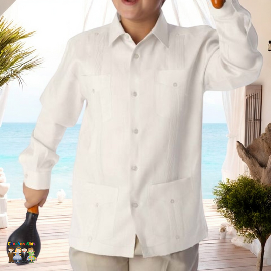 Boys Long-sleeve White Guayabera Linen (BLS304)-Boys-White-1-2T-Chacho’s Kids