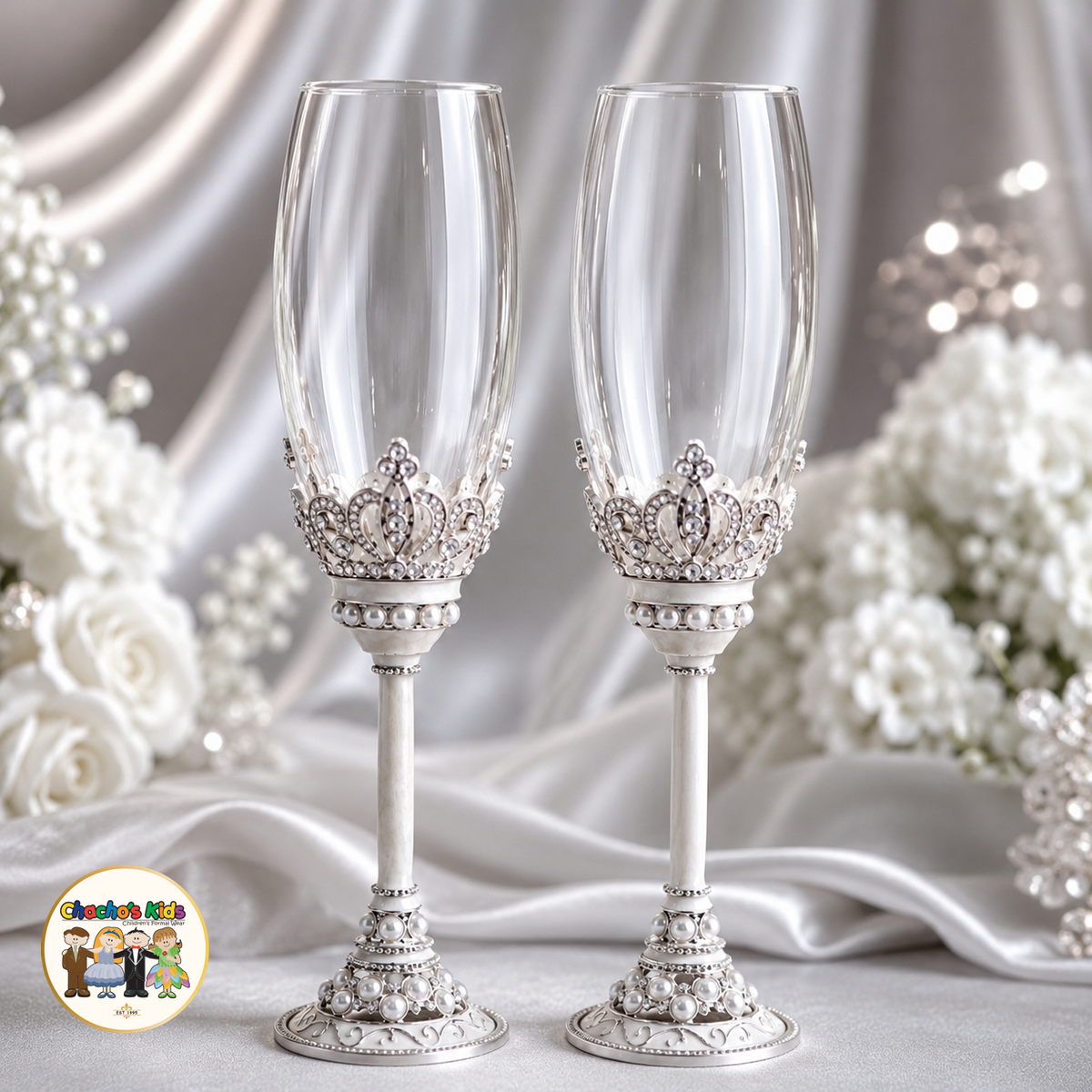 Crown Pearl Wedding Flutes (Silver)-803